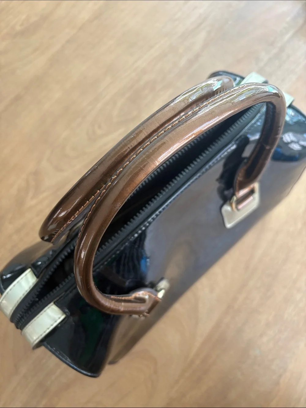 Large Black Charol Satchel with Tan Handles